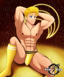 arms_behind_head jaune_arc looking_at_viewer male male_only rwby solo underwear vispaking yellow_hair