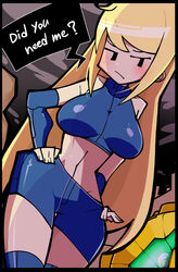 1girls big_breasts blonde_hair breasts casual_outfit_(metroid) curvy female female_focus female_only iriomote_umineko metroid nintendo samus_aran solo source_request speech_bubble tagme voluptuous wide_hips