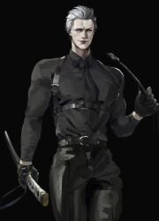 black_pants black_shirt devil_may_cry human_artist leather_harness no_ai riding_crop safe source_request sword vergil_(devil_may_cry) white_hair