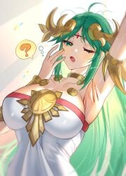 1girls ? ancient_greek_clothes arm_up armlet armpits bare_shoulders blush breasts chains chiton circlet cleavage commentary_request dress female female_only forehead_jewel gold_chain greco-roman_clothes green_eyes green_hair hand_up highres jewelry kid_icarus kid_icarus_uprising large_breasts long_hair messy_hair neck_ring nintendo one_eye_closed open_clothes open_mouth palutena pendant solo spoken_question_mark squeans tiara upper_body vambraces very_long_hair yasaikakiage yawning