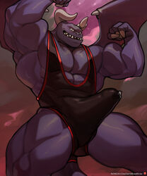 abs anthro biceps bodily_fluids claws clothed clothing daydreamerjim dragaux dragon erection erection_under_clothing flexing genital_fluids horn looking_at_viewer male male_only muscular muscular_anthro muscular_male nintendo patreon pecs precum precum_through_clothing purple_body ring_fit_adventure sharp_teeth solo teeth tenting text url video_games wet wet_clothing wings wrestling_singlet