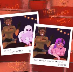 2025 2girls accidental_exposure almarcagirls assisted_exposure before_and_after big_breasts black_hair blush breasts brown-skinned_female brown_skin clothed_female_nude_female clothes_removed clothes_sucked_off earrings embarrassed embarrassed_nude_female enf english_text ghostbusters_(cosplay) halloween halloween_2025 halloween_costume halloween_party light-skinned_female light_skin nipple nude nude_female photo photo_(medium) photo_(object) purple_hair sketch smile stripped suction text vacuum