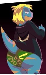 2014 alpha_channel anthro ass back-print_panties bedroom_eyes big_butt black_background blonde_hair blue_body blue_scales blue_skin bree_(junk_planet) brown_body brown_eyes brown_scales butt_focus clothed clothing female gradient_background green_clothing green_panties green_underwear hair half-closed_eyes hi_res lizard looking_down multicolored_body multicolored_scales narrowed_eyes nintendo panties pantsless potoobrigham print_clothing print_panties print_underwear purple_background raised_tail reptile scales scalie seductive simple_background smile solo tail the_legend_of_zelda transparent_background two_tone_body two_tone_scales underwear