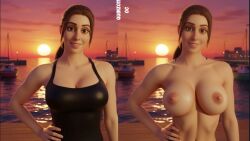 1girls 3d ai ai_art ai_assisted ai_generated belly_button black_dress boats breasts breasts_out brown_eyes brown_hair clothed clothed/nude clothed_female dress female female_focus female_only hand_on_hip harbor looking_at_viewer naked naked_female navel nipples nude nude_female oc original original_character pink_lips ponytail quinzo11 self_upload smiling smiling_at_viewer sunset teeth two_pictures water ysabel_(quinzo11)