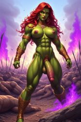 abs ai_generated armpits battlefield flames futa_only futanari green_skin lazza95 magic muscular muscular_futa red_hair solo