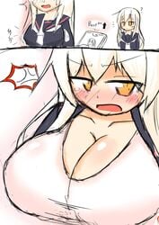 angry big_breasts blush breast_expansion breasts cleavage kantai_collection kikuzuki_(kantai_collection) tagme tefnen yellow_eyes