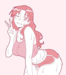 1girls 2025 2d 2d_(artwork) azumanga_daiou big_breasts black_hair booty_shorts celebelian cleavage female female_focus female_only gym_clothes human human_only long_hair peace_sign questionable shorts simple_background solo solo_female sportswear sweat sweating tank_top thick_thighs thighs v wavy_hair wink winking_at_viewer yukari_tanizaki