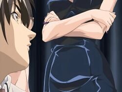00s 1boy 1girls 2006 2girls animated anime_screenshot arms_crossed bare_shoulders bible_black bible_black_black_sacrifice bible_black_night_of_the_walpulgiss blonde_hair blue_eyes breasts bustier cross cross_earrings earrings female high_ponytail jewelry kitami_reika large_breasts lipstick makeup minase_taki nail_polish nurse ponytail purple_eyes purple_nail_polish saeki_kaori school_nurse short_hair tagme witch