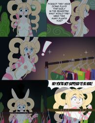 absurd_res anthro apinkgrape armwear blonde_hair blue_eyes breasts caught clothing dialogue english_text exclamation_point flashlight fur genitals gynomorph hair hi_res intersex lagomorph legwear leporid mammal mostly_nude nipples pattern_armwear pattern_clothing pattern_legwear penis penis_base public public_nudity rabbit solo speech_bubble stephanie_(neko-eclipse17) striped_armwear striped_clothing striped_legwear stripes text trans_(lore) trans_woman_(lore) twintails white_body white_fur