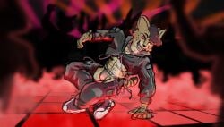 action_pose aka_meyneth alternative_fashion anthro breasts chains clothed clothing dancing felid feline fishnet_clothing fishnet_thong fishnet_underwear footwear genitals gynomorph hi_res hoodie intersex junebug junebug_(lcb_meyneth) male_only mammal penis pose rave red_light serval shoes silhouette skimpy sneakers solo teeth topwear trans_(lore) trans_woman_(lore) underwear