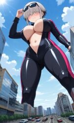 1girls ai_generated big_breasts black_shirt breasts clothed clothed_female female female_focus female_only giantess giga_giantess gray_hair gray_hair_female grey_hair grey_hair_female huge_boobs huge_breasts macro macro_female shirt shorts solo solo_female solo_focus uzaki-chan_wa_asobitai! uzaki_yanagi wristband yukimeowqote