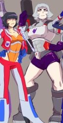 2girls abs_visible_through_clothing bad_bitch fanart female_focus human jobbythehong medium_breasts megatron megatron_(jobbythehong) rule_63 short_hair skinny_female slightly_muscular starscream starscream_(jobbythehong) thick_thighs transformers