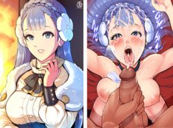 1girls 2koma bangs big_breasts blue_eyes blue_hair blush braid bukkake choker color completely_nude cum cum_in_mouth cum_on_face cum_on_hair cum_on_tongue facial fire_emblem fire_emblem_echoes:_shadows_of_valentia hair_in_mouth hair_ornament light_blue_hair long_hair looking_at_viewer naked_choker nintendo nipples nude nude_female on_back on_bed panels penis presenting presenting_mouth revolverwingstudios rinea_(fire_emblem) smile sound_effects sweat text tongue tongue_out