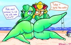 :>= ass asshole beach big_ass big_breasts bikini blue_eyes breasts curvy_female doregami eyeshadow female_only flora_fauna green_shadow green_shadow_(pvz) green_skin hand_on_breast leaf mushroom orange_eyes panties peashooter peashooter_(pvz) petals plant plant_girl plantie plants_vs_zombies plants_vs_zombies:_heroes popcap pvz solar_flare_(pvz) sunflower sunflower_(pvz) tagme text text_bubble thick_thighs