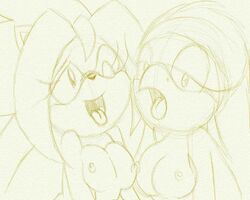 2girls avian beak big_breasts bird breast_squish breasts breasts_frottage female looking_at_viewer monochrome nipples open_mouth plain_background sega sketch sonic_(series) sonic_riders swallow_(bird) tongue tongue_out unknown_artist wave_the_swallow white_background yellow_and_white