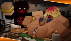 1boy 1girls 3d anus apple apple_in_mouth areolae artist_self-insert ass breasts carrot carrot_in_ass cum cum_drip cum_in_pussy cum_inside dinner food food_in_ass legs legs_up ninjashyper2 nipples nude penis_out rainbow_hair rainbow_tits roblox roblox_avatar robloxian self_upload showing_off skittle_(ninjashyper2) stuffed stuffed_ass stuffing thanksgiving thighs turkey