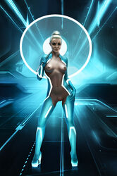 1girls breasts busty disney female gem_(tron) high_tech humanoid light-skinned_female light_skin nipples no_bra no_panties pussy solo tron tron_legacy vagina voluptuous white_hair