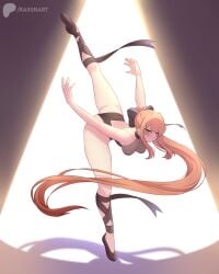 1girls acrobatic athletic ballerina ballet bow brown_hair dancing doki_doki_literature_club flexible green_eyes legs_up long_hair monika_(doki_doki_literature_club) patreon_username ponytail raionart ribbon spotlight stage_lights