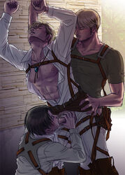 3boys abs against_wall anal anal_penetration anal_sex attack_on_titan bare_chest beard black_hair blonde_hair blowjob blush blushing clothed clothing cock_gobble cock_hungry cum_hungry cum_in_mouth cum_on_face dirty_blonde_hair drooling erect_nipples erwin_smith exposed_nipples eyes_closed facial_hair feet_out_of_frame fellatio forced_yaoi fuck_and_suck fucked_and_sucked fucked_from_behind gay giving_head going_down_on group_sex hand_on_hip harness holding_penis imminent_orgasm knee_boots kneeling kneeling_oral_position knob_polishing levi_ackerman male male/male male_only mike_zakarius necklace open_shirt oral oral_sex orgasm_face orgasm_from_oral pants_open pecs penis penis_in_mouth penis_out playing_skinflute rape revenge_sex reverse_forced_oral saliva shingeki_no_kyojin suck_and_fuck sucked_and_fucked sucking sucking_off sweat sweatdrops thigh_strap threesome unbuttoned undressing uniform yaoi