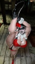 1girls 3d batman_(series) big_breasts bozo_pubic_tattoo dc dc_comics flexible harley_quinn harley_quinn_(classic) harley_quinn_(injustice) injustice_2 legs_up looking_at_viewer smitty34 solo solo_female