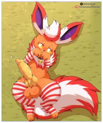 absurd_res bell bell_collar big_tail blush candy clothing cloudeon collar covering covering_self crossdressing crossdressing_(mtf) crossdressing_male dessert eeveelution embarrassed femboy feral flareon fluffy food fur gay gay_anal gay_male gay_sex generation_1_pokemon genitals hi_res homosexual homosexual_male huge_filesize knot legwear lying male male/male male_penetrated nintendo on_back orange_body orange_fur penis pepper_flareon peppermint_(candy) pokemon pokemon_(species) shy solo solo_male stockings tail throbbing throbbing_penis yellow_eyes
