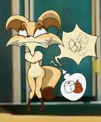 anthro anus blpanda canid canine chest_fur clenched_teeth desperation feces female fennec_fox fox fur genitals green_eyes hi_res mammal poop_desperation popy solo tan_body tan_fur teeth thought_bubble toilet_paper true_fox vulva
