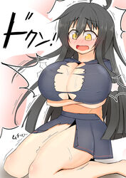 1girls age_progression bare_thighs big_breasts black_hair blush breast_expansion bursting_breasts embarrassed kantai_collection large_breasts long_hair mikazuki_(kantai_collection) skirt solo solo_female tagme tearing_clothes tearing_open_top tefnen torn_clothes yellow_eyes