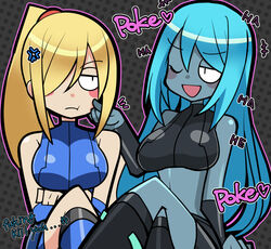 2girls blonde_hair blue_hair bodysuit breasts casual_outfit_(metroid) dark_samus grey_skin iriomote_umineko metroid nintendo samus_aran source_request sports_bra tagme