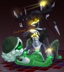 alice_(murder_drones) bite_mark bite_mark_on_neck bite_marks brown_hair canon_x_oc covered_nipples covering_breasts crazy_eyes crazy_female crazy_smile cum cum_in_pussy cum_inside dominant_female female_dominating_male glitch_productions green_eyes green_hair holding_legs male/female male_sub mature_female murder_drones oc oc_x_canon older_female orange_eyes questionable_consent sex submissive_male teasing tongue tongue_out tuidytury worker_drone younger_male