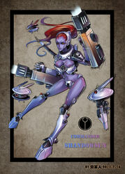 1girls alien areolae arm_cannon blue_skin boots commander_shadowsun drone english_text female female_only ponytail red_hair solo solo_female tau text unconvincing_armor warhammer_(franchise) warhammer_40k weapon