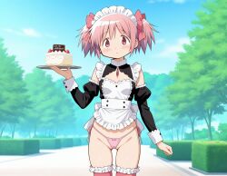 1girls ai_generated bush bushes female flat_chest green_background half_naked japanese_female kaname_madoka magical_girl mahou_shoujo_madoka_magica maid maid_uniform pink_hair puella_magi_madoka_magica serving_tray small_breasts tree trees
