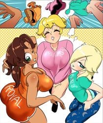 2koma 3girls alternate_skin_color alternative_skin_color ass bangs big_ass big_breasts blonde_hair blue_eyes breasts brown_hair busty butt clothes_writing clothing comic dark-skinned_female dark_skin female female_only green_eyes lips lipstick mario_(series) multiple_girls nightgown nintendo pantylines princess_daisy princess_peach princess_rosalina royalty sasatseng shirt shirt_pull simple_background standing tan_skin tanktop text tied_hair tight_clothing