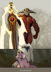 1boy 1girls battle big_breasts character_request curvy curvy_figure dota_2 fight huge_breasts imminent_penetration imminent_sex large_breasts plot sven_the_rogue_knight tortuga