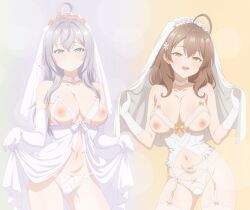 adolescent alisa_mikhailovna_kujou belly_button blue_eyes bridal_lingerie brown_eyes brown_hair brown_skin eyebrows_visible_through_hair eyelashes_visible_through_hair happy_expression high_quality high_resolution highres lingerie looking_at_viewer makeup mariya_mikhailovna_kujou nipples_outside open_mouth shiny_body shiny_hair sisters smiling_at_viewer teenage_girl thin_neck thin_waist tokidoki_bosotto_russian_de_dereru_tonari_no_alya-san transparent_clothing waifu2x wedding_dress wedding_lingerie white_hair white_skin wide_hips