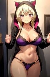 1girl ai-created ai_generated animal_hood arms_up black_hoodie black_jacket blonde_hair blush bra breasts brown_eyes cameltoe cat_hood cleavage closed_mouth collarbone cowboy_shot crossed_bangs female groin hair_between_eyes hands_on_own_hips hands_on_own_thighs hikaru_(rape_gouhouka!!!) hip_sway hood hood_up hooded_jacket hoodie indoors jacket lace lace-trimmed_bra lace-trimmed_panties lace_trim large_breasts lingerie long_sleeves looking_at_viewer navel no_audio o-ring o-ring_panties open_clothes open_hoodie open_jacket panties pixiv purple_bra purple_panties rape_gouhouka!!! rena_aikawa_(pixiv_user) seduction self_touch short_hair skindentation smile solo solo_female stable_diffusion standing stomach string_panties tagme thighs underwear video wide_hips
