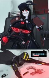 absurd_res animal_genitalia animal_penis big_breasts big_penis black_border border breasts creambeam duo equine_genitalia equine_penis genitals grin gynomorph helldivers hi_res huge_breasts huge_cock human humanoid intersex latex machine male mammal muscular not_furry penis robot robot_humanoid smile wire_hair