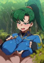 1girls angry breasts clothing earrings female fire_emblem fire_emblem:_the_blazing_blade forest green_eyes green_hair jcm2 large_breasts long_hair lyn_(fire_emblem) male nintendo nipple_bulge nipples open_mouth outercourse outside paizuri paizuri_under_clothes penis ponytail pubic_hair sweat torn_clothes