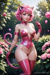 1girls ai_generated animal_ear_fluff animal_ears artist_name bare_shoulders blue_eyes blurry blurry_background bottomless bracelet breasts cat_ears cat_girl cat_tail cleavage earrings female flower gloves hi_res ichigo_momomiya jewelry leaf lips looking_at_viewer medium_breasts mew_ichigo mole mole_on_breast outdoors petals pink_flower pink_gloves pink_hair progenarts pussy rose short_hair smile solo strapless tail thighhighs tokyo_mew_mew uncensored zipper