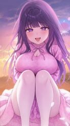 adolescent ai_generated eyebrows_visible_through_hair eyelashes_visible_through_hair fern_(sousou_no_frieren) grabbing_own_breast hands_on_breasts large_breasts large_hair legs_spread looking_at_viewer makeup open_mouth purple_eyes purple_hair shiny_body shiny_hair skirt_suit sky smiling_at_viewer sousou_no_frieren sundown teenage_girl thin_neck thin_waist tongue_out white_skin wide_hips