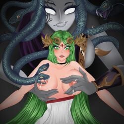2girls breast_grab breast_squeeze breasts breasts_out clothed giantess gorgon grabbing_from_behind green_eyes green_hair grey_skin kid_icarus kid_icarus_uprising lactation large_woman medusa_(kid_icarus) michellekoilover nintendo nipple_bite nipple_biting nipple_grab nipple_squeeze nipples open_mouth palutena projectile_lactation raised_shoulders shocked shocked_expression size_difference smile snake snake_hair tiara whitewash_eyes