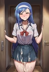 after_fellatio after_sex ai_generated blue_hair blush bow breasts brown_eyes closed_mouth collarbone collared_shirt cuckold cum cum_on_body cum_on_clothes cum_on_legs cumdrip door doorway facial female furuhashi_fumino hairband long_hair looking_at_viewer mole mole_under_eye mole_under_mouth netorare pleated_skirt pov_doorway red_bow school_uniform shirt short_sleeves skirt smile solo stray_pubic_hair white_hairband white_shirt zeulzin