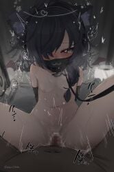 1boy absurdres animal_ear_fluff animal_ears arms_behind_back black_bow black_collar black_hair black_mask black_wings blush bondage bound bound_arms bow braid breasts cat_ears censored collar commentary_request commission covered_mouth cum cum_in_pussy cum_overflow dark-skinned_male dark_skin demon_wings detached_wings female grey_eyes hair_over_one_eye halo headphones heart heart-shaped_pupils highres leash long_hair looking_at_viewer mask mini_wings missionary mosaic_censoring motion_lines mouth_mask multicolored_hair name_tag navel nipples oerba_yun_fang one_eye_covered partial_commentary paw_print penis pussy restrained sex shinkaiobake single_braid sitting skeb_commission skin_fang small_breasts solo_focus spread_legs stomach_bulge straight streaked_hair sweat symbol-shaped_pupils vaginal_penetration viewer_holding_leash vrchat wings
