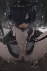 1boy absurdres animal_ear_fluff animal_ears arms_behind_back black_bow black_collar black_hair black_wings blindfold blush bondage bound bound_arms bow braid breasts cat_ears censored collar commentary_request commission covered_eyes cum cum_in_pussy cum_overflow dark-skinned_male dark_skin demon_wings detached_wings female halo headphones highres jacket leash long_hair long_sleeves mini_wings missionary mosaic_censoring motion_lines multicolored_hair name_tag navel nipples oerba_yun_fang off_shoulder open_clothes open_jacket open_mouth partial_commentary paw_print penis pussy restrained sex shinkaiobake single_braid sitting skeb_commission skin_fang small_breasts solo_focus spread_legs stomach_bulge straight streaked_hair sweat vaginal_penetration viewer_holding_leash vrchat white_jacket wings