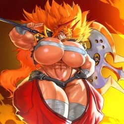 abs axe bandaged_breasts bandaged_legs barely_clothed big_breasts blue_eye breasts breasts_bigger_than_head curvaceous curvy curvy_female eyepatch female ginger grin huge_breasts mcflarey messy_hair muscular muscular_female orange_hair pubic_hair smiling smiling_at_viewer spiky_hair thick_thighs thong thunder_thighs zesty_(zestyjesus) zestyjesus