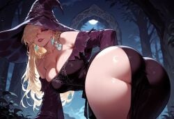 1girls ai_generated ass ass_focus balecxi bangs bare_shoulders bent_over black_dress black_headwear blonde_hair blush braid breasts cleavage clothing collarbone curvaceous curvaceous_female curvaceous_figure curvy curvy_figure dress earrings female female_focus female_only flower forest from_behind full_moon gyaru hair_over_one_eye hat headwear huge_ass inviting inviting_to_sex jewelry large_breasts long_hair long_sleeves looking_at_viewer looking_back lynae_(wuthering_waves) moon nature night night_sky off-shoulder_dress off_shoulder one_eye_covered outdoors parted_lips presenting presenting_ass presenting_breasts presenting_hindquarters presenting_self purple_eyes red_lips seductive seductive_look seductive_smile shiny_skin side_slit sky smile solo spellcaster thick_thighs thighs tree voluptuous voluptuous_female witch witch_hat wuthering_waves