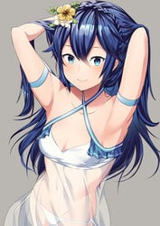 1girls adjusting_hair alternate_costume alternate_hairstyle ameno_(a_meno0) armpits arms_behind_head arms_up bare_shoulders bikini blue_eyes blue_hair braid breasts closed_mouth collarbone covered_navel criss-cross_halter crown_braid female female_only fire_emblem fire_emblem_awakening flower frills grey_background hair_between_eyes hair_flower hair_ornament halterneck highres long_hair looking_at_viewer lucina_(fire_emblem) navel nintendo nude nude_female see-through simple_background small_breasts smile solo solo_female swimsuit symbol-shaped_pupils veil white_bikini white_swimsuit yellow_flower