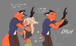 2025 anthro anthro_on_anthro aphrodisiac areola blush breasts canid canine clothing countershading derpyfox_36 derpyfox_36_(fursona) english_text female female_anthro flirting fox frey_(freydraws) gloves_(marking) grey_background lagomorph leporid male male/female male_anthro mammal markings nipples question_mark rabbit shirt simple_background speech_bubble text topwear torn_clothing