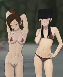 2girls anaxus areolae armpits arms_behind_head avatar_the_last_airbender beach between_labia bikini black_hair braid braided_ponytail breasts brown_hair closed_eyes covered_nipples crown double_bun female female_only fire_nation gold_eyes goth goth_girl gothic gothic_girl group hairbun hairless_pussy hand_behind_head hand_on_hip hands_behind_head hourglass_figure innie_pussy long_hair looking_at_another looking_at_viewer mai_(avatar) medium_breasts multiple_females multiple_girls nickelodeon nipples outdoors ponytail pose posing pussy small_breasts smiling standing string_bikini swept_bangs swimsuit ty_lee wedgie wide_sleeves