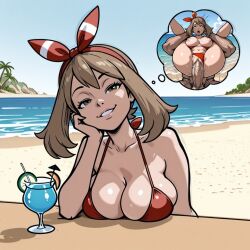 ahe_gao ai_generated beach full_nelson hand_rest large_breasts may_(pokemon) naughty_face nipples pussy red_bikini thinking vaginal_penetration