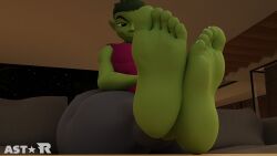 3d 3d_(artwork) 5_toes beast_boy clothed clothes feet feet_on_table feet_up garfield_logan gay green_body green_eyes green_hair green_skin male male_only pants shirt smirk smirking sparkliiastor watermark wide_hips yaoi